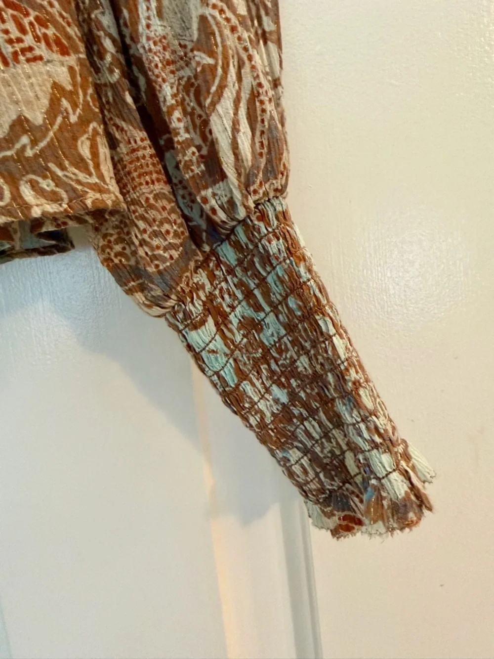 Ulla Johnson Taupe & Cream Paisley Tie-Neck Blouse